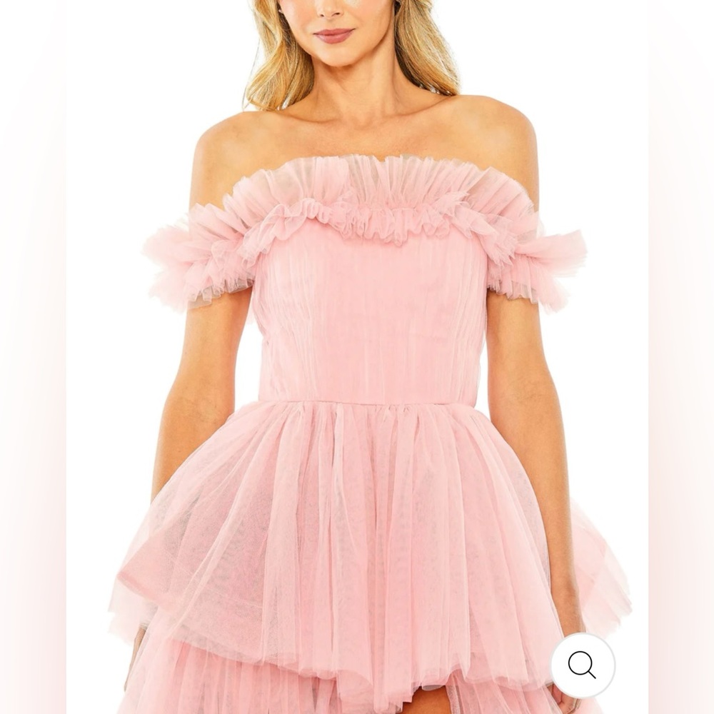 Mac Duggal Pink Off-Shoulder Tiered Tulle High-Low Gown - Picture 3 of 5